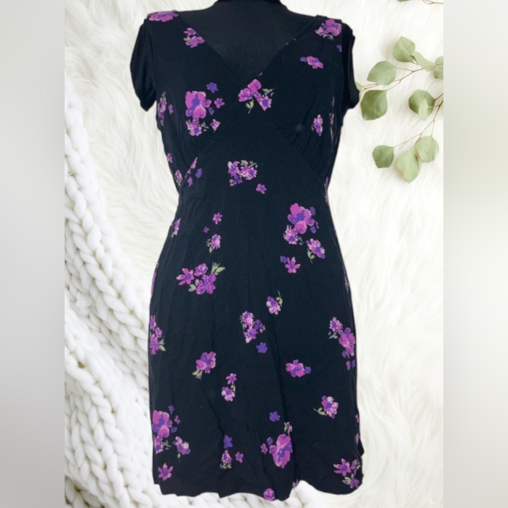 Abound Purple flowers black stretchy midi dress waist size M Corset NOT Included